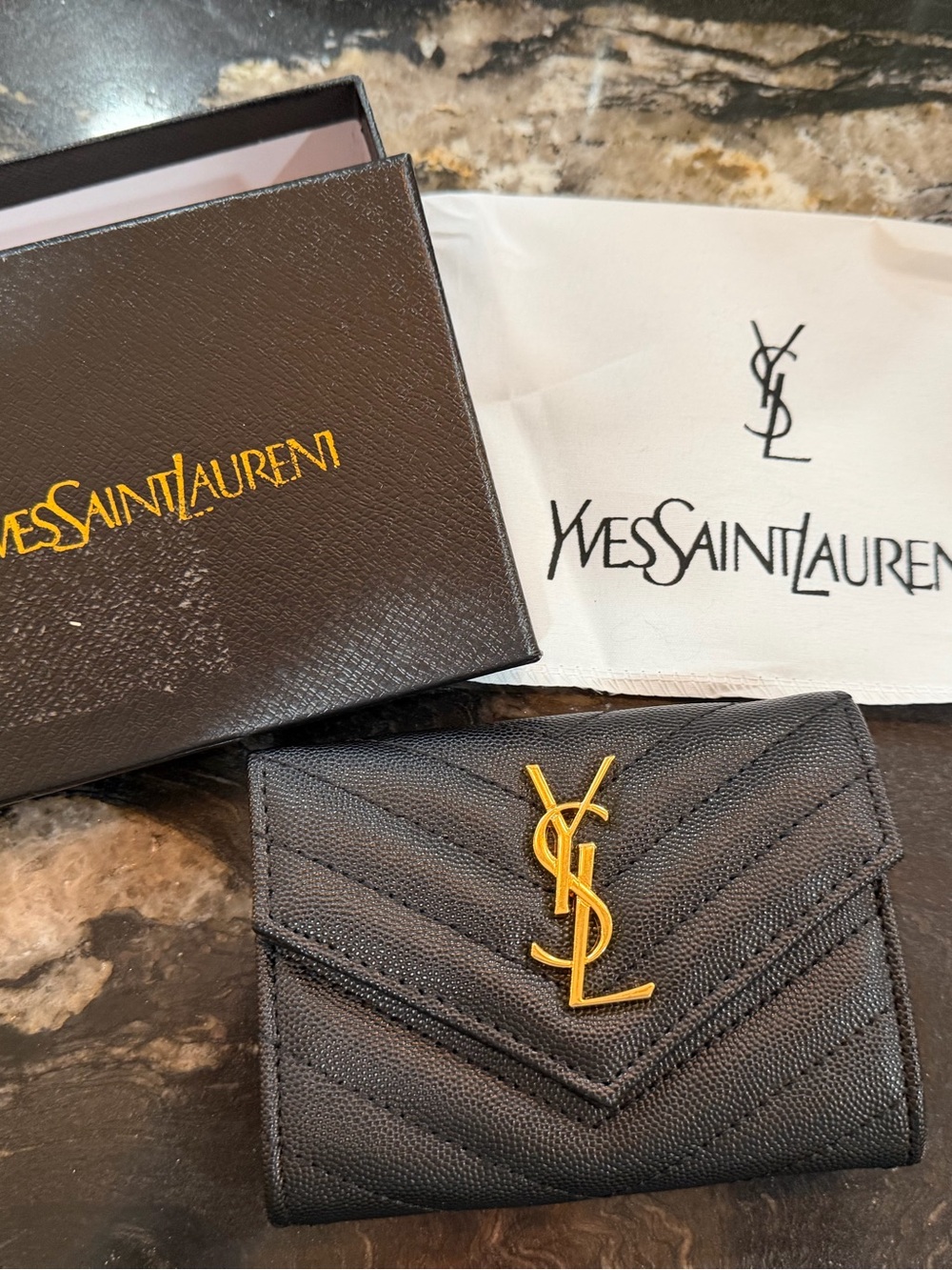 Yves Saint Laurent Black Chevron Quilted Card Holder
